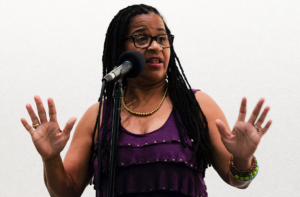 Pamela M. Covington during a storytelling performance in Manhattan.